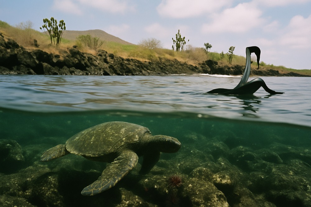 Snorkeler watching a sea turtle swim over a rocky Galapagos reef