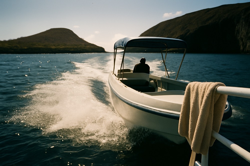 A small boat crossing open water between volcanic islands at midday