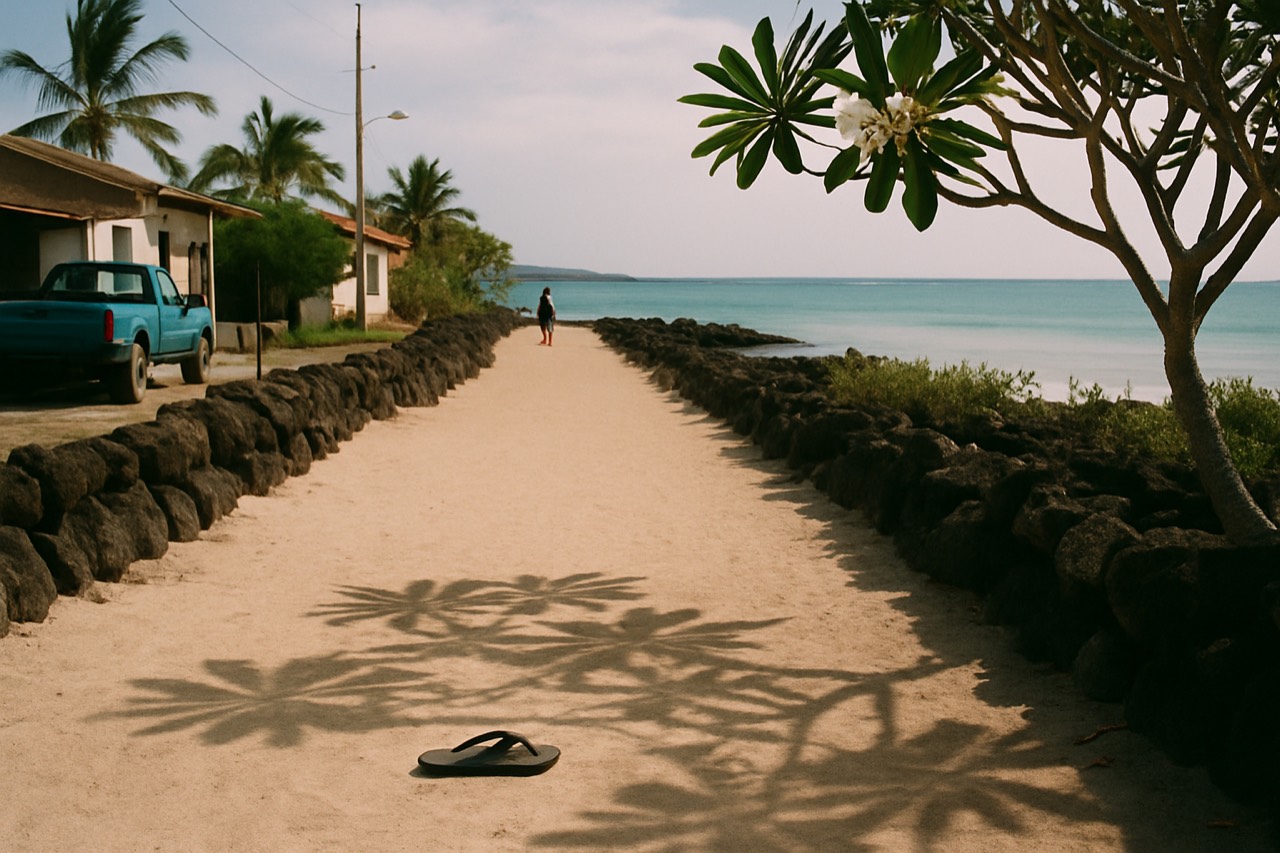 A quiet pedestrian path leading toward a beach with dark lava rock and calm turquoise water