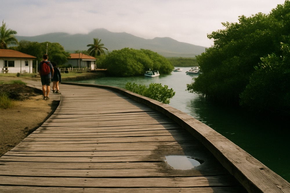 A calm bay with a wooden walkway leading toward green mangroves and distant volcanic hills
