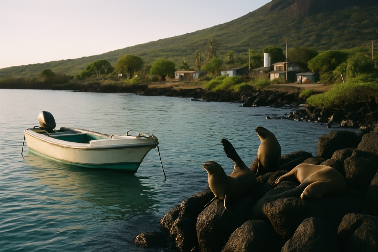 A small boat anchored in turquoise water beside a dark volcanic shoreline with sea lions resting on rocks