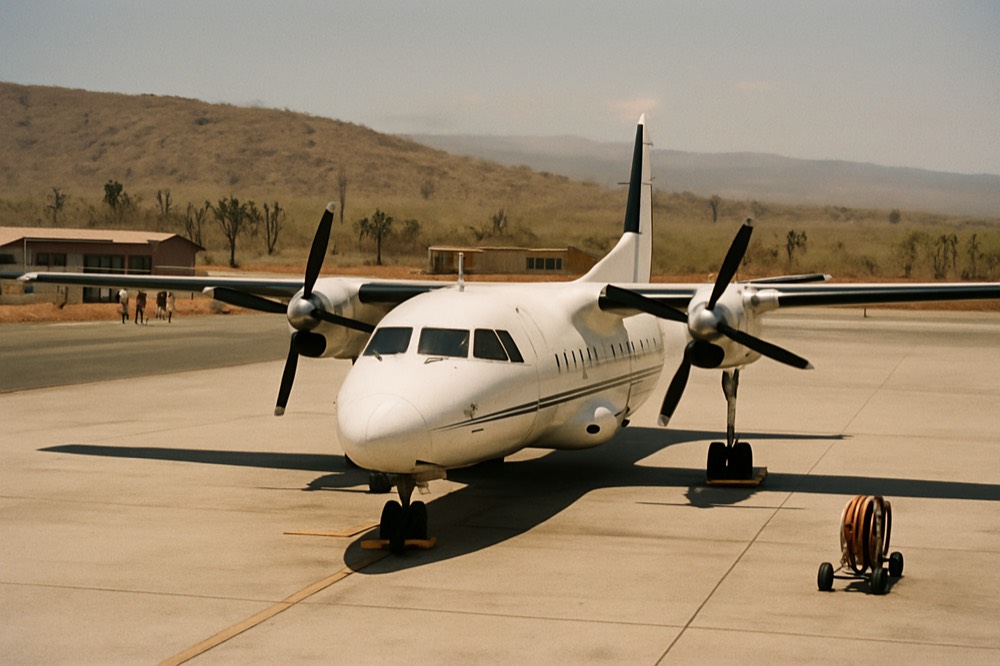 Small aircraft on the runway at Baltra airport in the Galapagos with arid low hills behind