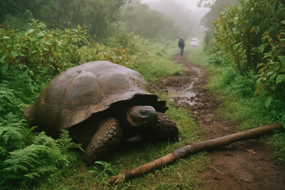 A Galapagos giant tortoise resting in highland vegetation