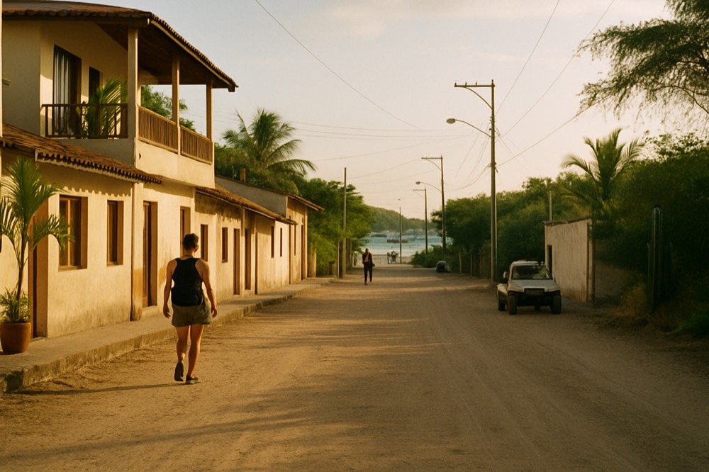 A coastal town street with small hotels and boats moored in a sheltered harbour