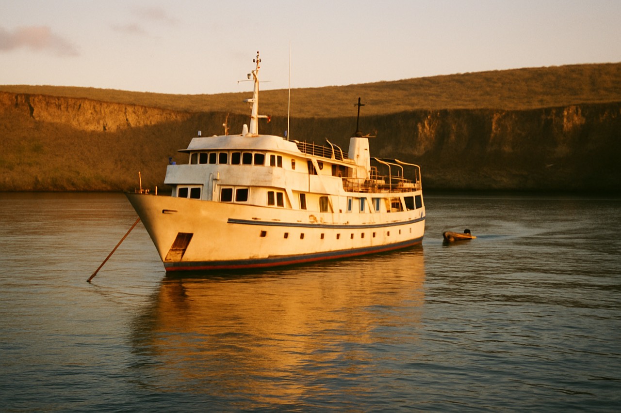 A small expedition ship anchored in a calm Galapagos bay at golden hour