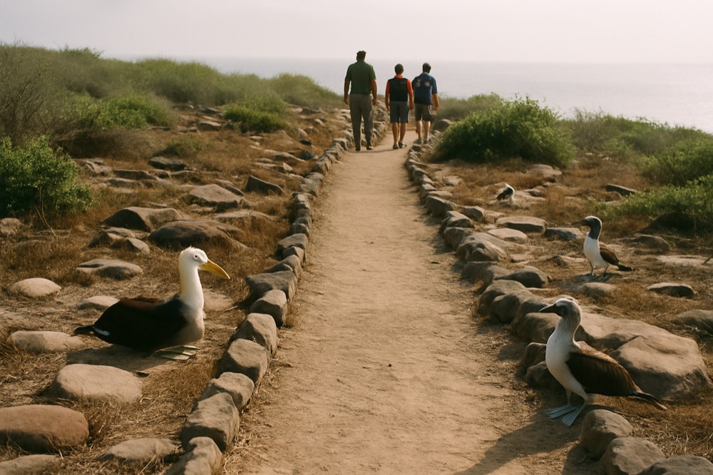 A naturalist guide leading a small group of visitors along a marked trail above a seabird colony