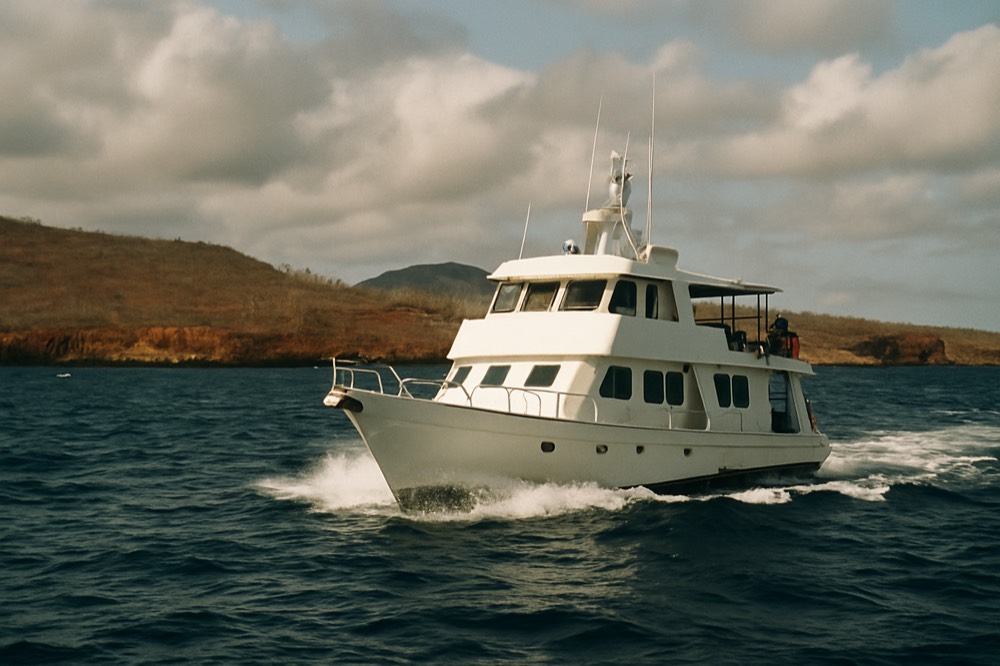 A small expedition vessel cruising past a volcanic coastline in open water between islands