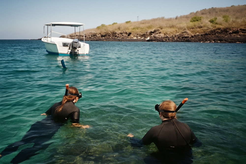 Visitors snorkelling in clear water beside a rocky shoreline with a small boat waiting nearby