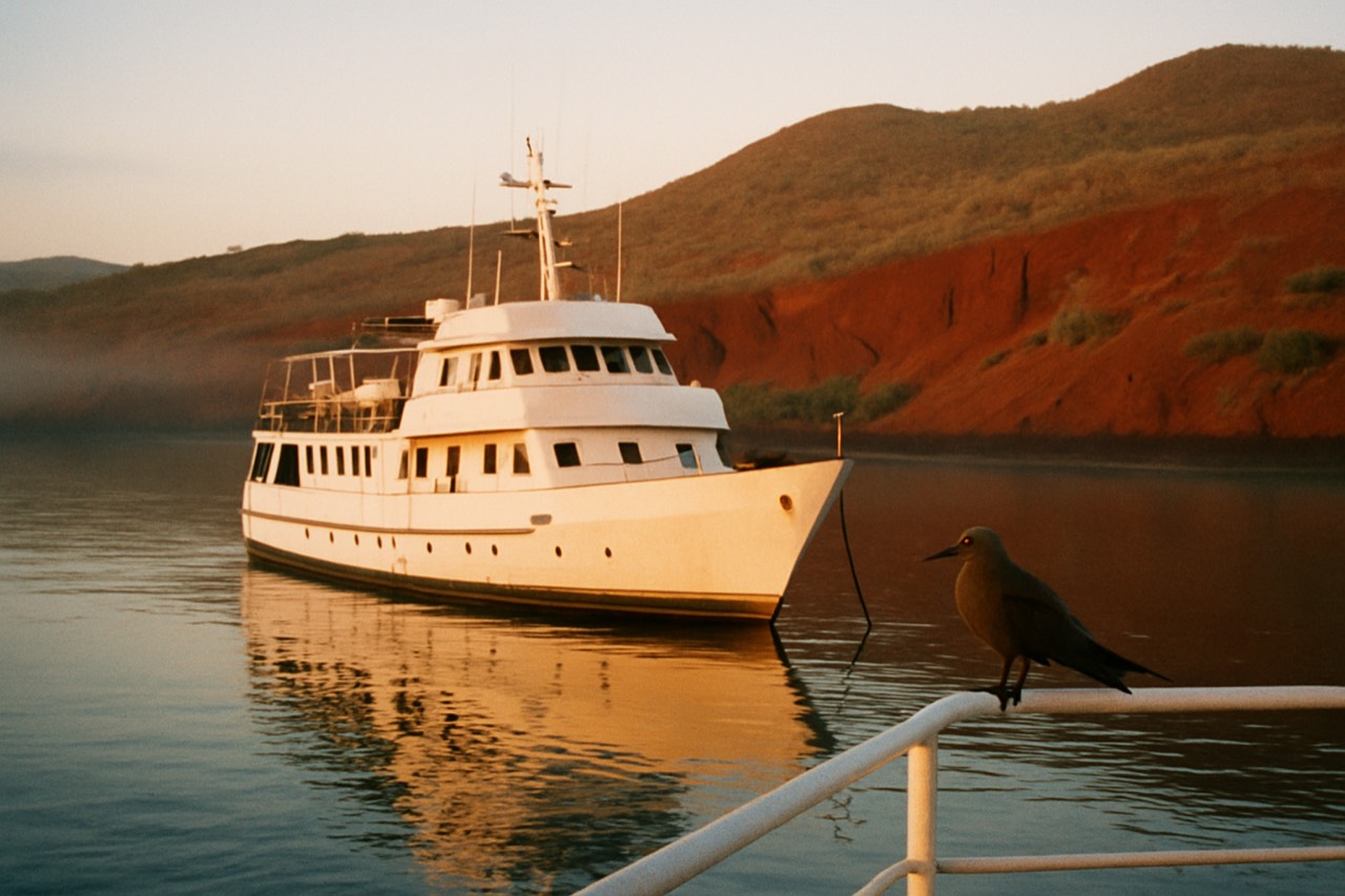 A small expedition vessel anchored in a calm Galapagos bay at sunrise