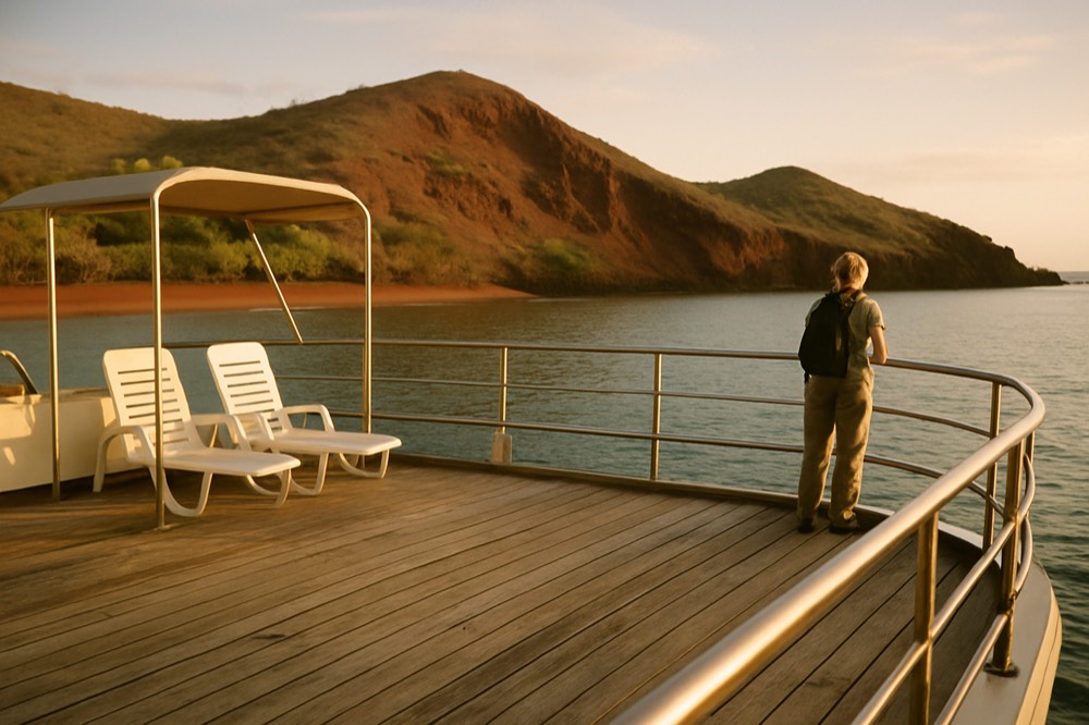 A wide sun deck of a small expedition boat with a railing overlooking a calm bay