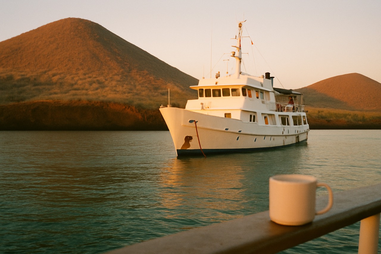 A small expedition vessel anchored in a calm Galapagos bay at sunrise with volcanic hills behind it
