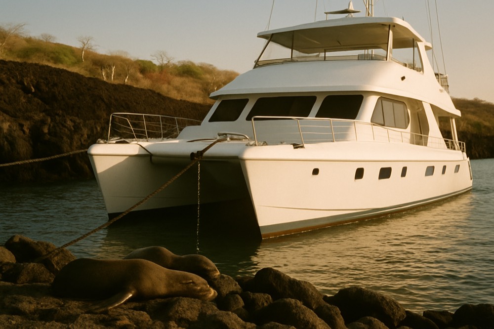 A sleek small expedition catamaran moored near a dark volcanic shoreline