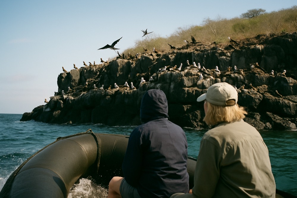 Passengers in a small inflatable boat approaching a rocky shoreline with seabirds