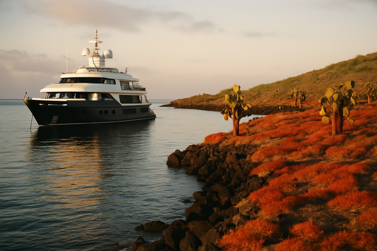 A small luxury expedition yacht anchored in a calm Galapagos bay at golden hour