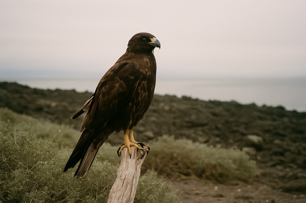 A Galapagos hawk standing on a wooden post above dry lowland vegetation