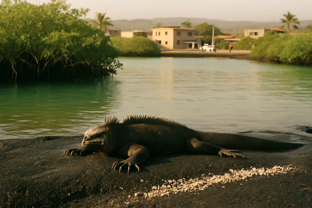 A marine iguana basking on black lava rock beside a calm turquoise bay