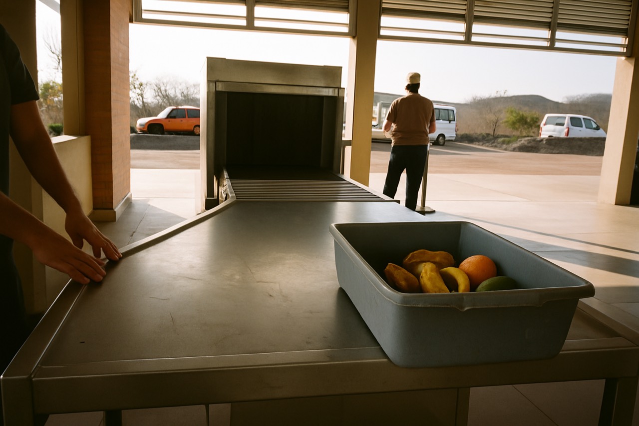 A biosecurity inspection counter at an airport departure gate with a conveyor and inspection table