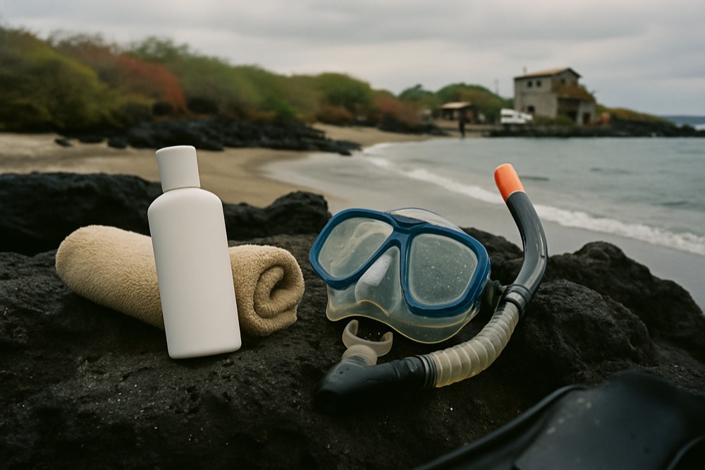 Reef lotion bottle resting on a towel beside a mask and snorkel on a lava shore