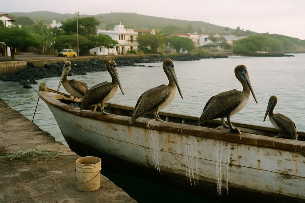 A wooden day boat anchored beside a stone pier with pelicans perched on the railing