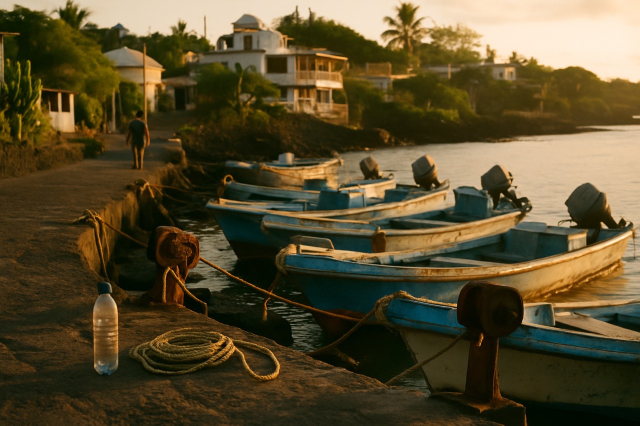 A small town waterfront with fishing boats moored along a volcanic shoreline at golden hour