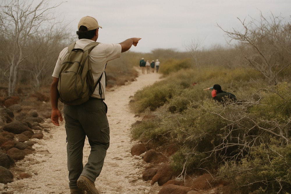 A naturalist guide pointing out wildlife to a small group on a rocky shoreline trail