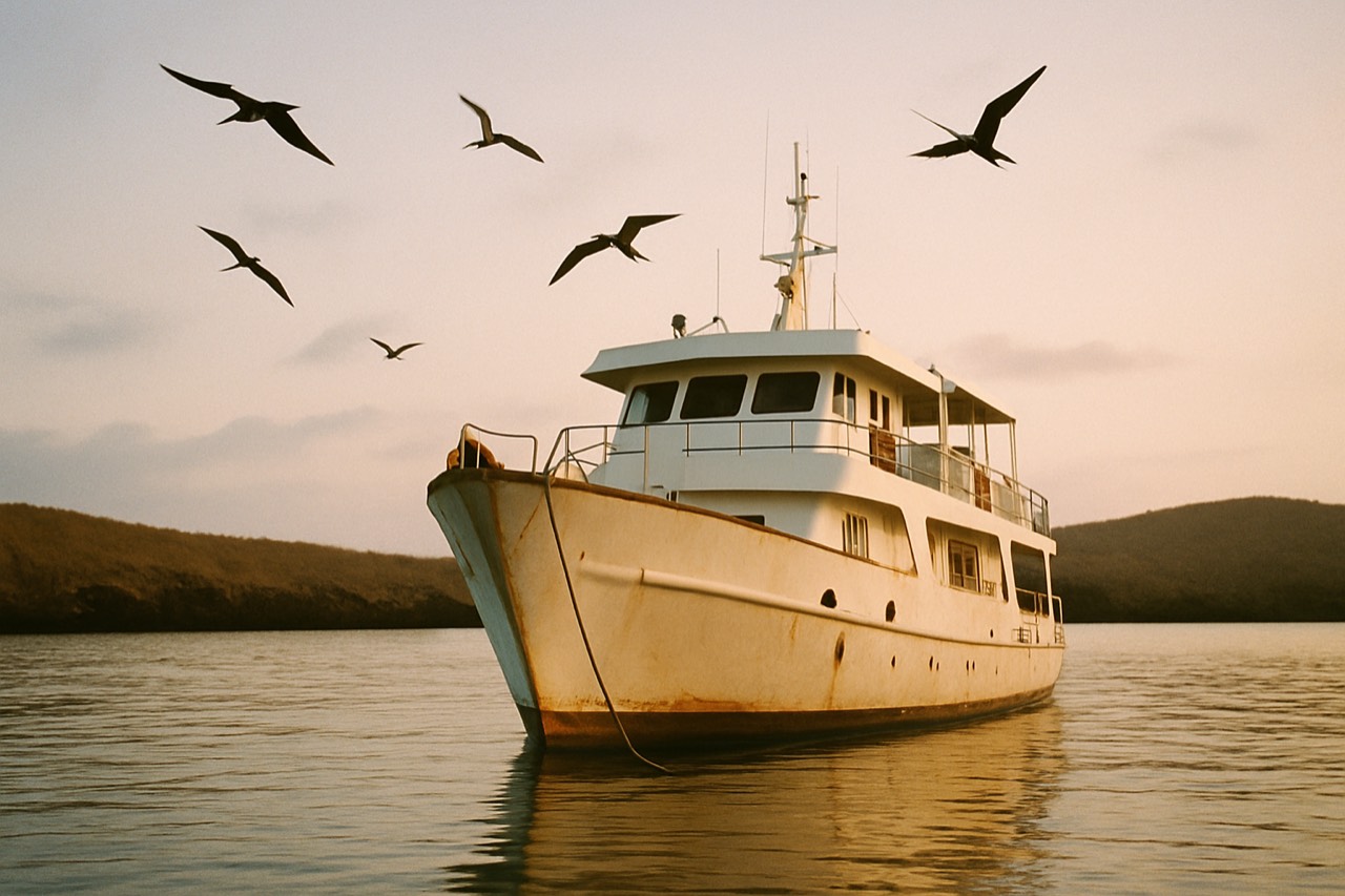 A small expedition boat anchored in a calm Galapagos bay at golden hour
