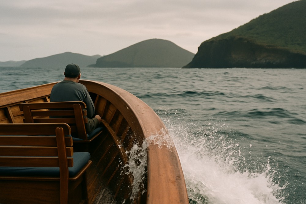 Wooden speedboat crossing open water between volcanic islands