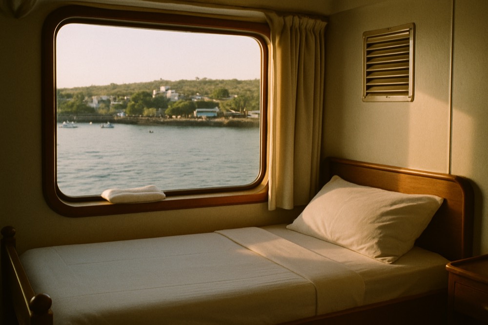 A bright cruise ship cabin with a large window looking out over calm sea