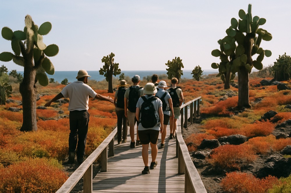 A small group of travellers listening to a guide on a wooden walkway above a lava landscape