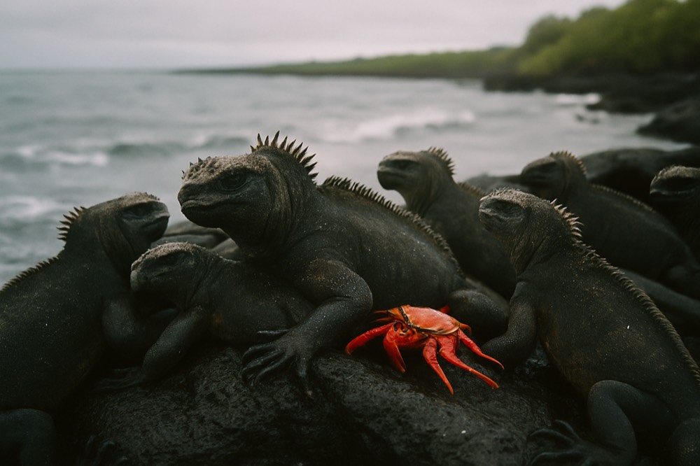 Marine iguanas clustered on dark lava rock beside the sea