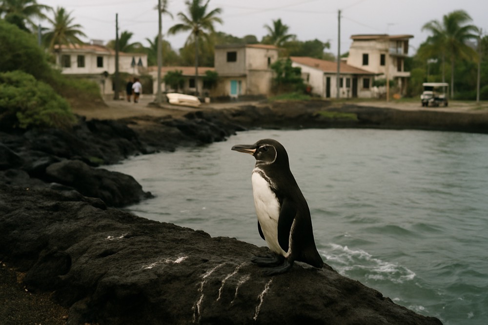 A Galapagos penguin standing on dark lava rock near the waterline