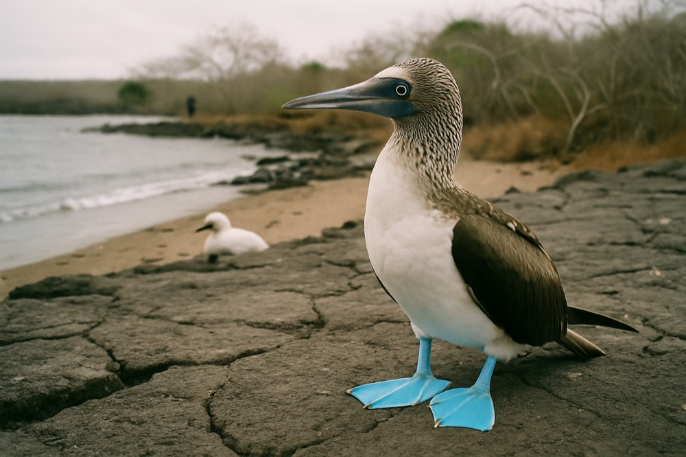 A blue-footed booby standing on bare lava near the coast