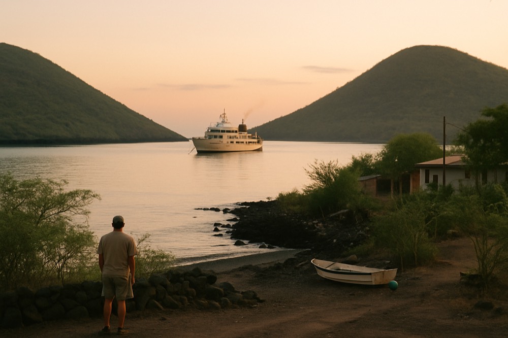 A small expedition ship anchored in a calm bay between volcanic islands