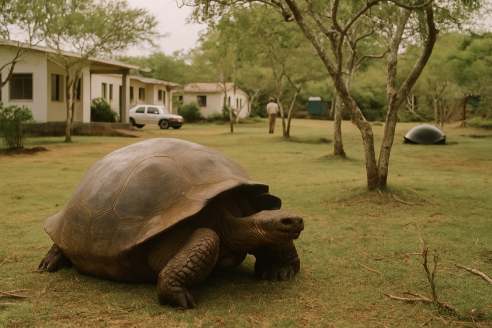 A giant tortoise resting on grass under scattered trees