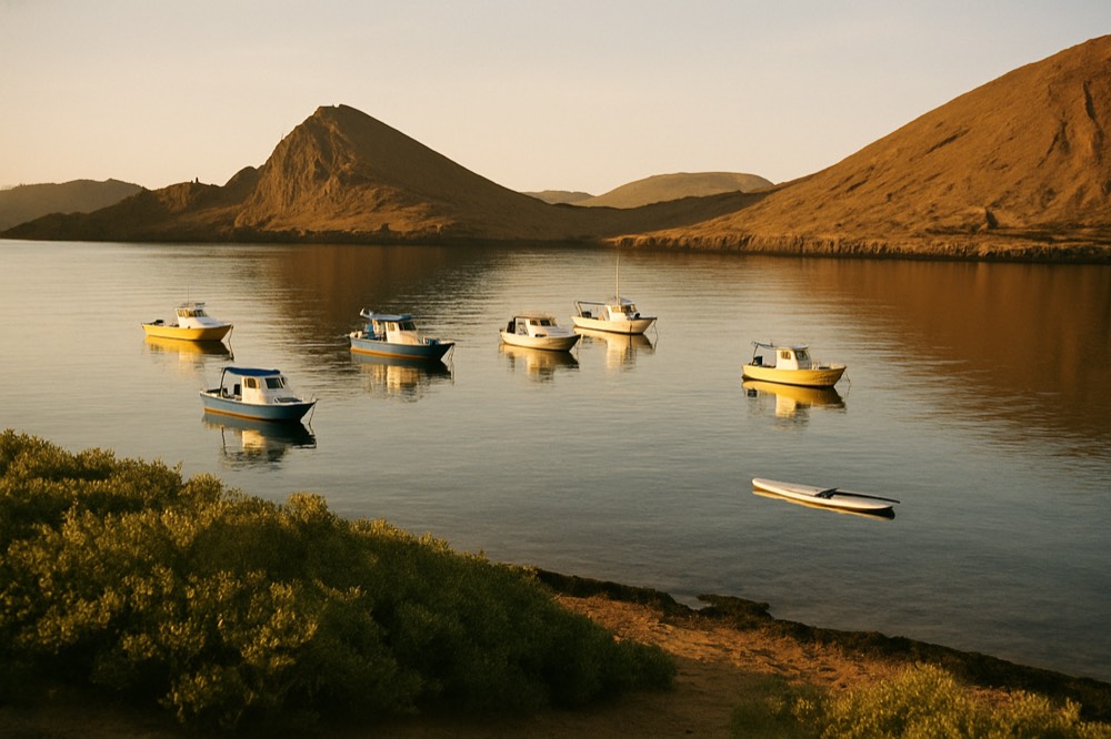 A sheltered bay with anchored small boats and green shrubs along the shore