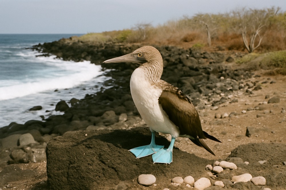 A blue-footed booby standing on dark volcanic rock near the shoreline