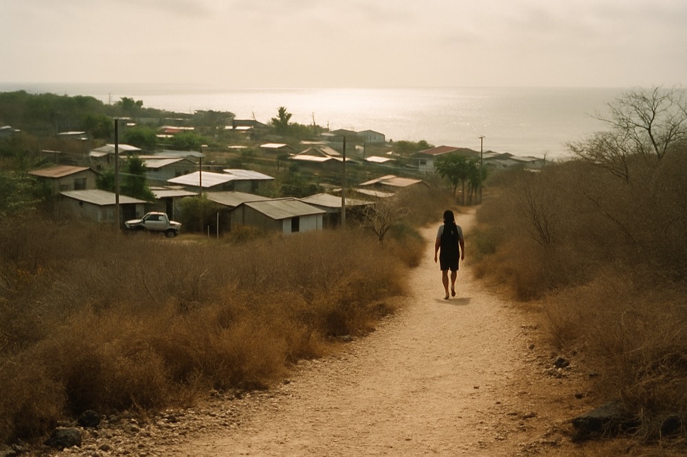A coastal walking path on an inhabited Galapagos island with town rooftops beyond
