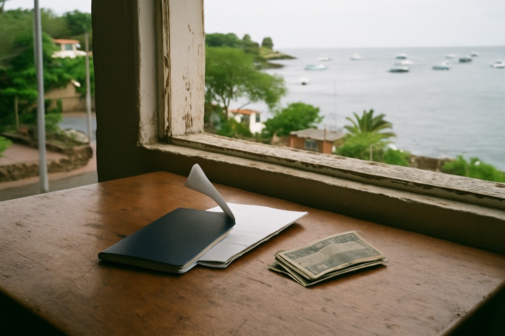 A traveller's documents and passport on a table beside a window overlooking the sea