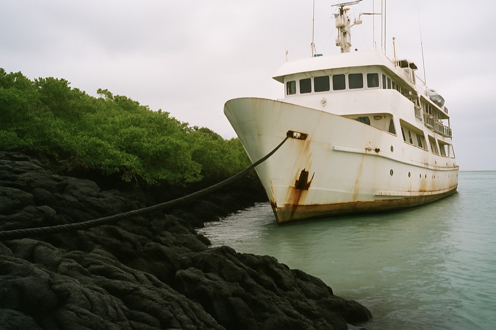 Small expedition vessel moored near a volcanic Galapagos shoreline