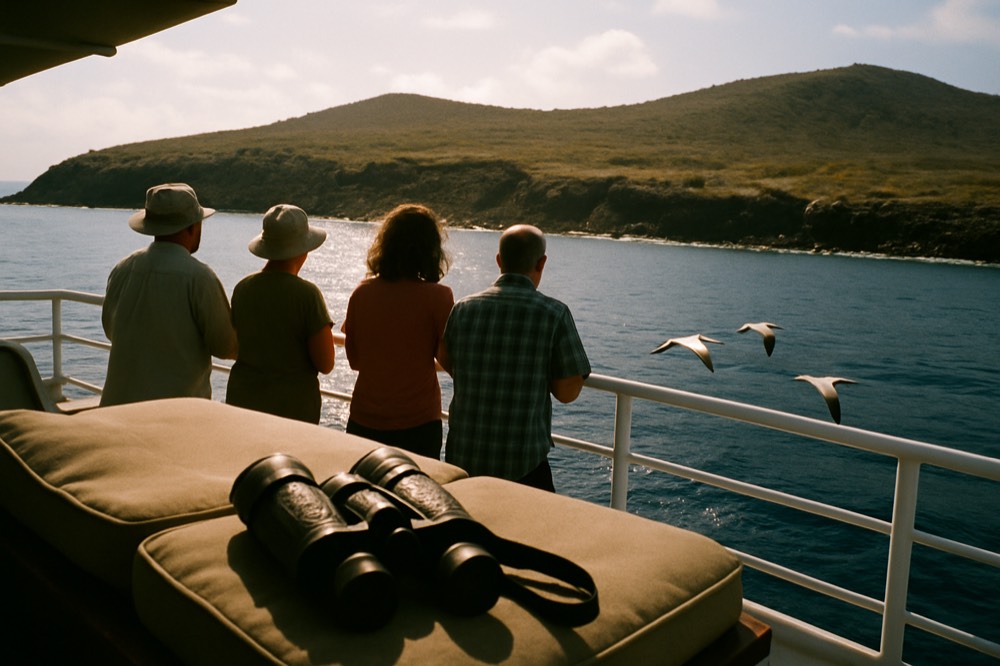 Passengers watching wildlife from the deck of a small cruise ship
