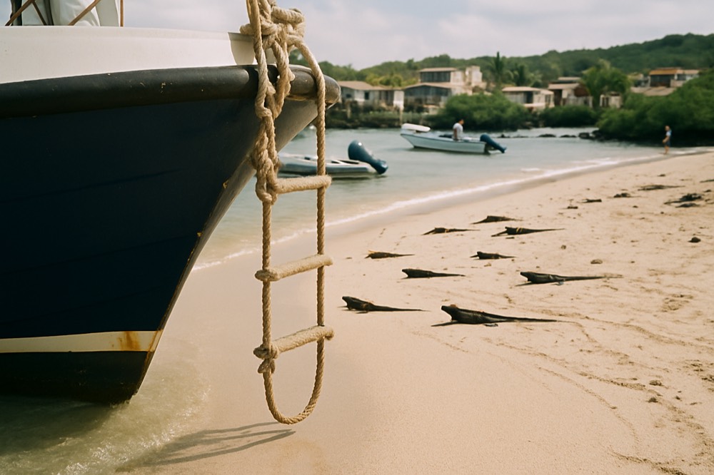 A cruise ship tender landing on a sandy beach with pangas in the shallows