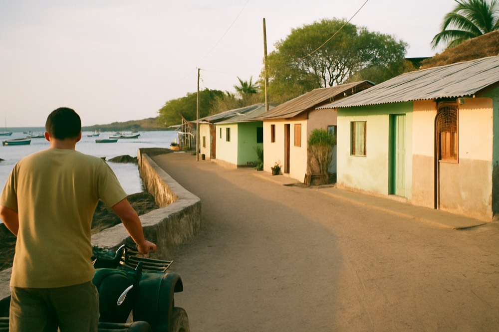 A seaside town street in the Galapagos with small buildings and a calm bay beyond