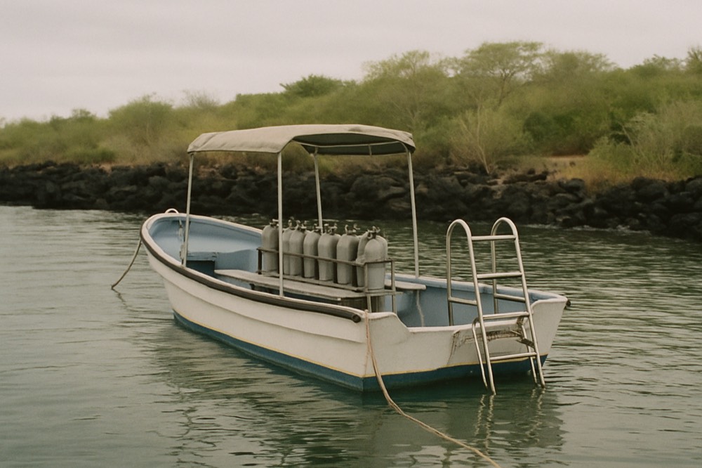 A small dive boat moored in a calm bay with volcanic rocks on the shore