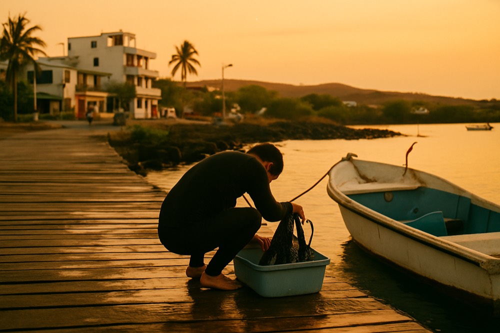 A diver rinsing equipment at a dock beside a small boat at the end of the day
