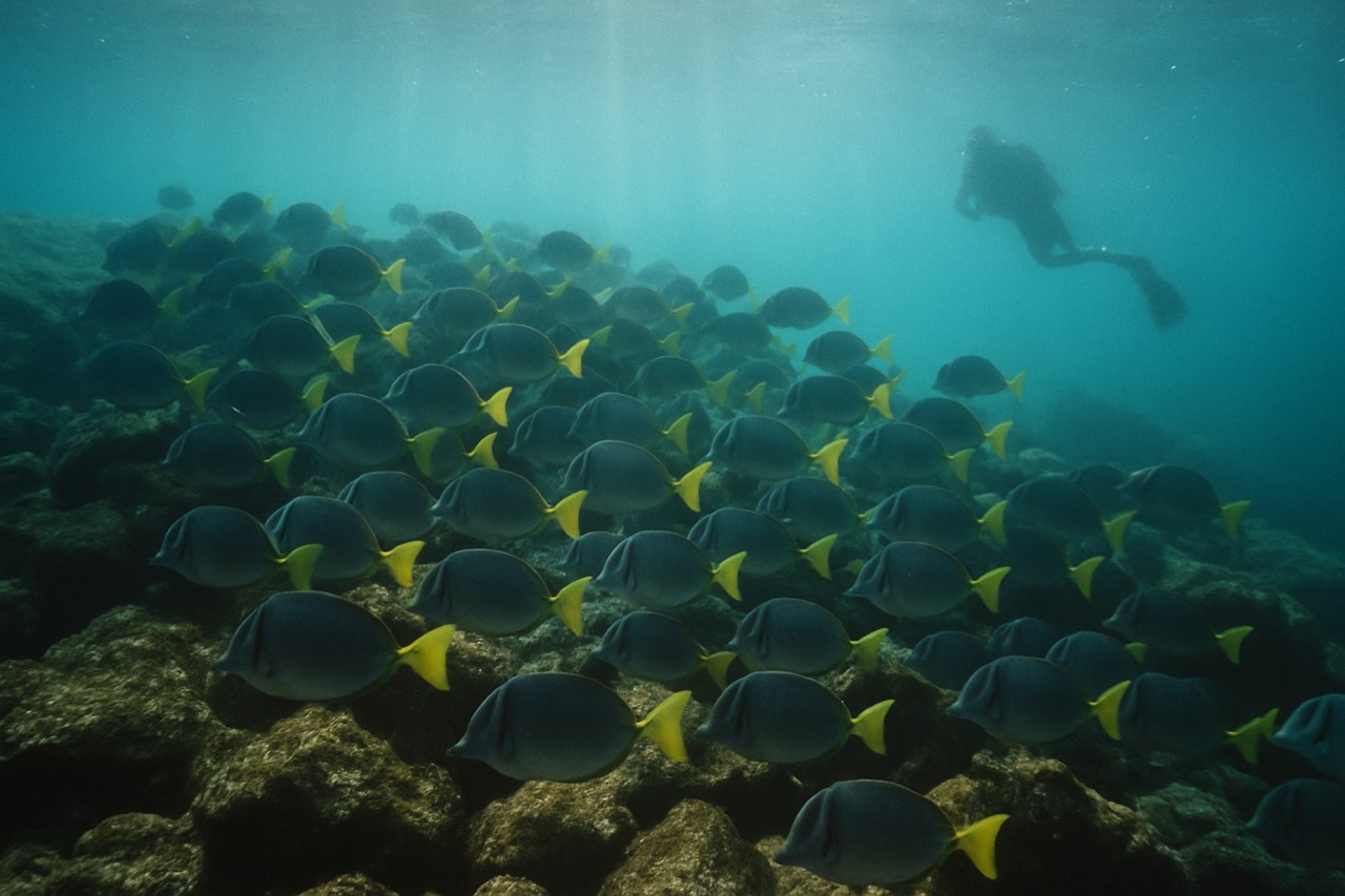 A school of fish swimming over a rocky reef in clear blue water