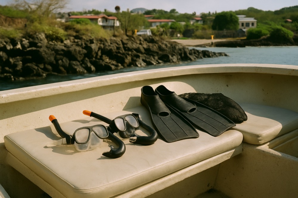 Snorkel fins and masks laid out on a bench beside a small boat at a rocky shoreline