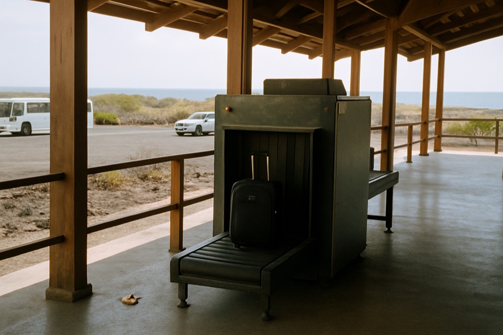 A biosecurity inspection station with an X-ray machine and an inspector checking baggage