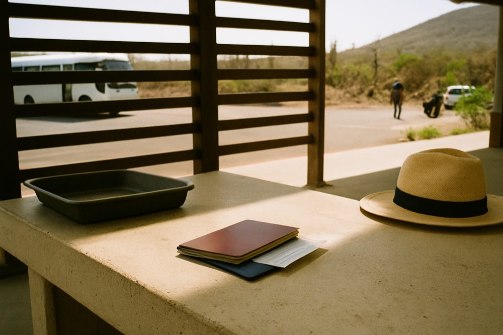 A passport and boarding pass resting on an airport counter under bright light