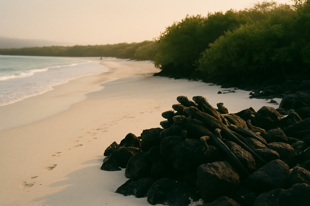 An empty white sand beach at golden hour with marine iguanas on the rocks
