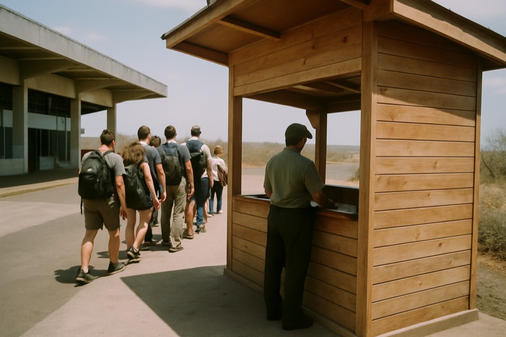 A park ranger checkpoint at a small island airport terminal under bright sky
